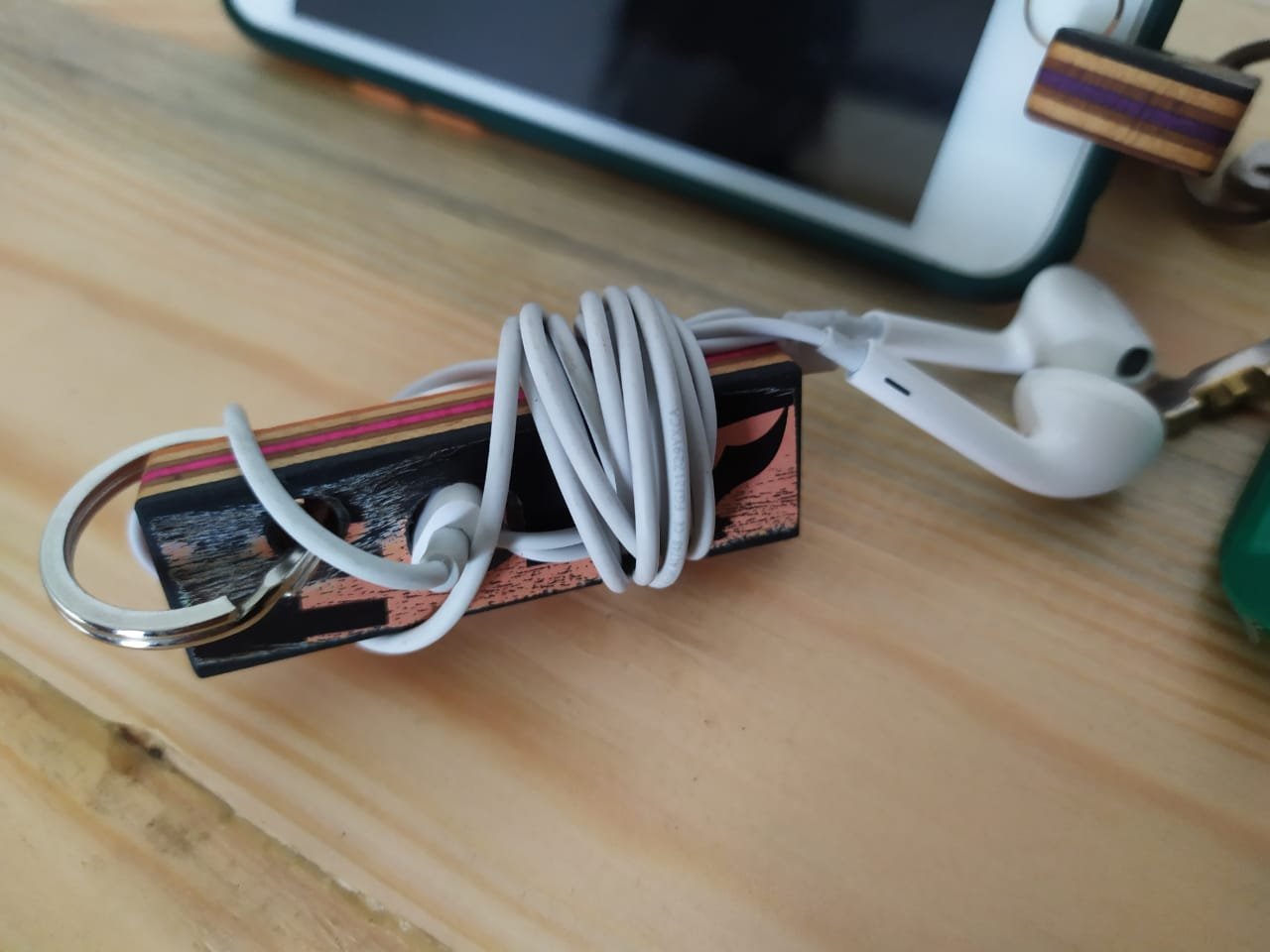 Upcycled Skateboard Mobile & Earphone Holder Keyring - Image 7