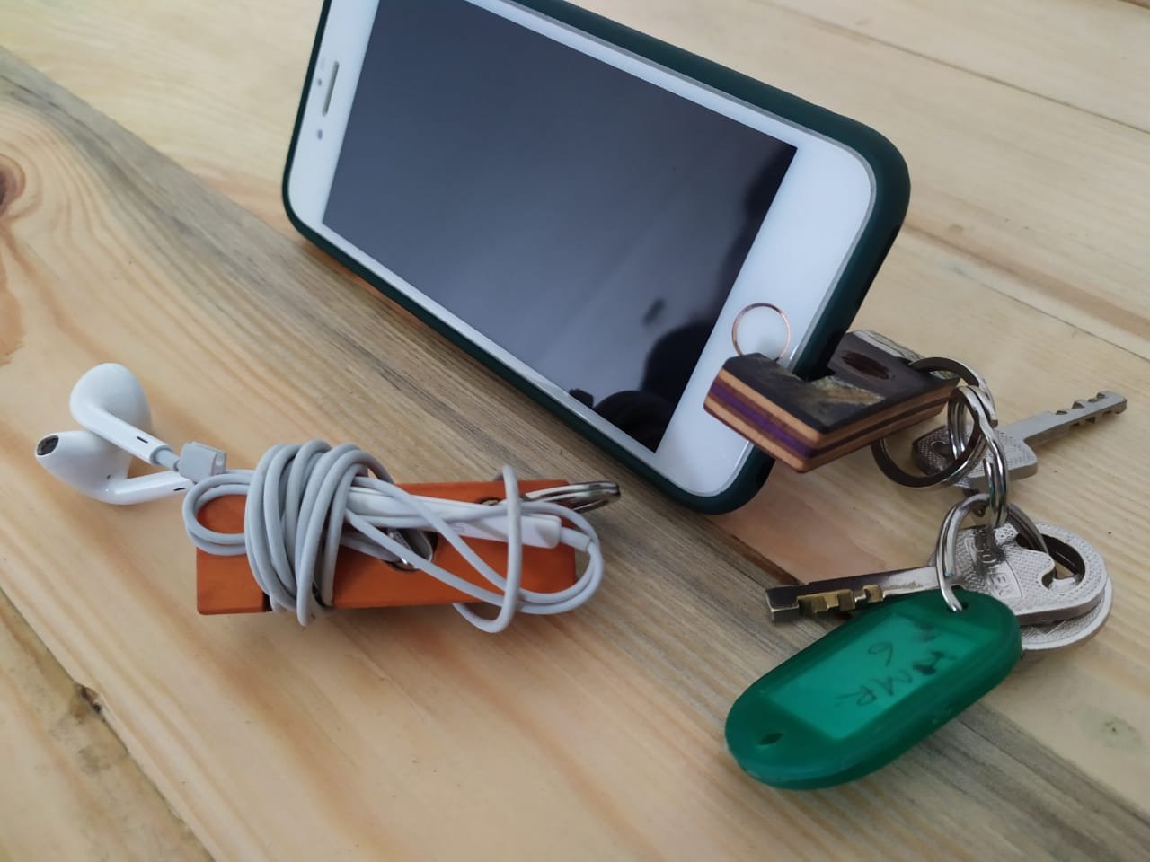 Upcycled Skateboard Mobile & Earphone Holder Keyring - Image 6