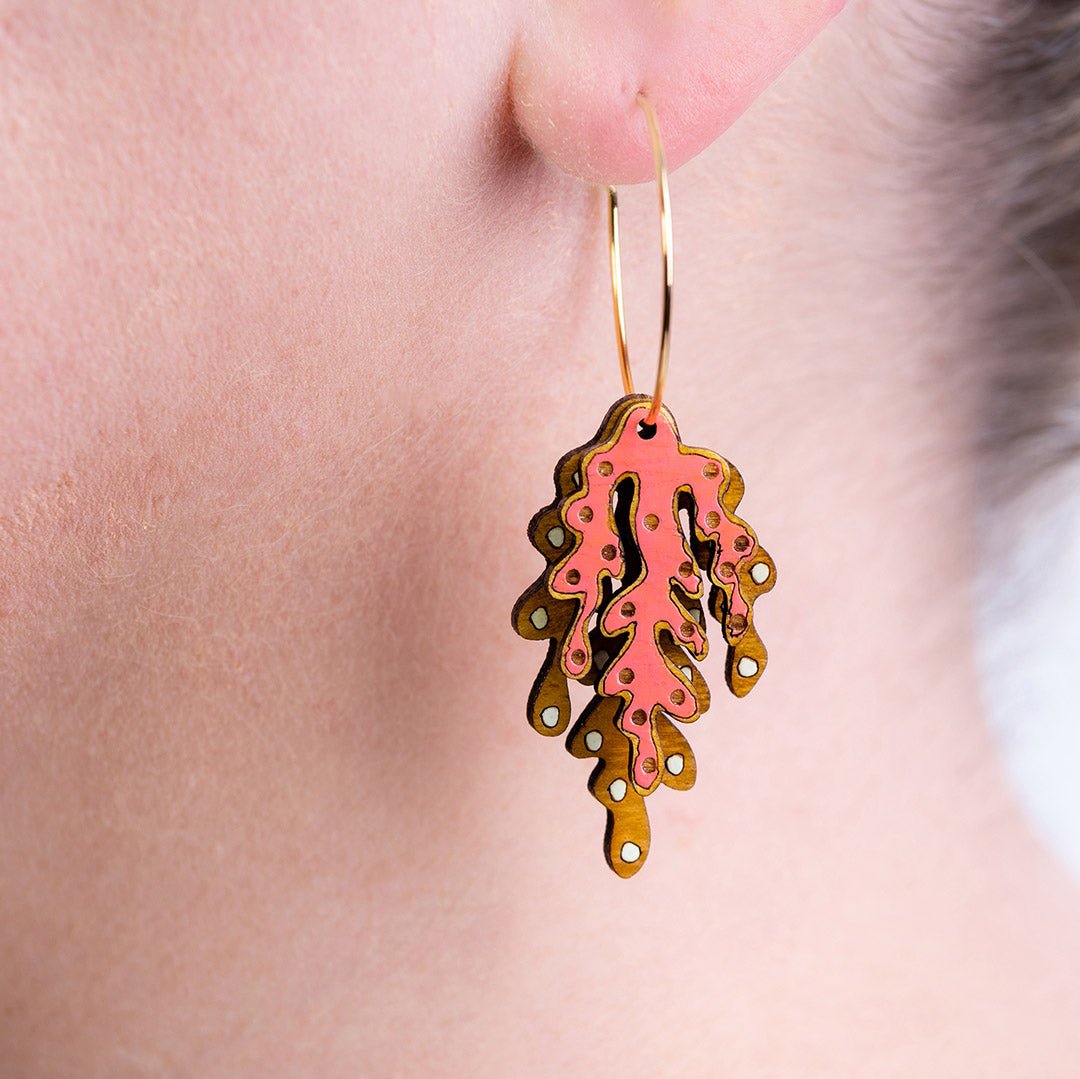 Coral Eco-friendly Recycled Wood & Gold Earrings - Image 2