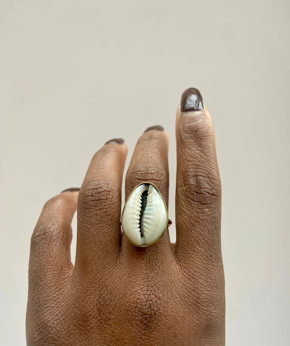 Cowrie Shell Recycled Brass Adjustable Ring - Image 3