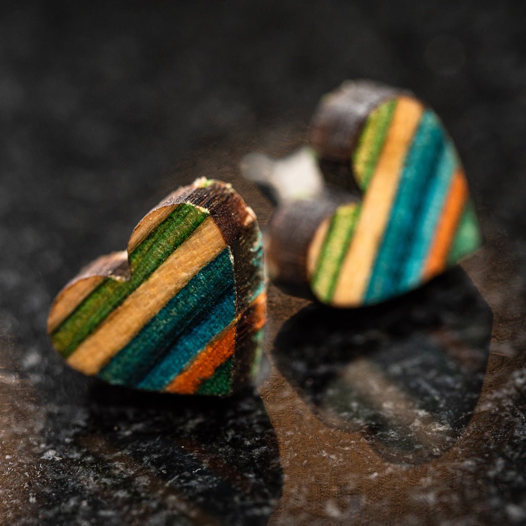 Love Heart Recycled Skateboard Wooden Stud Earrings by Paguro Upcycle
