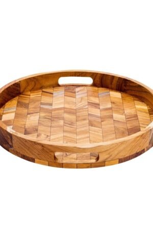 Herringbone Pattern Round Wooden Serving Tray