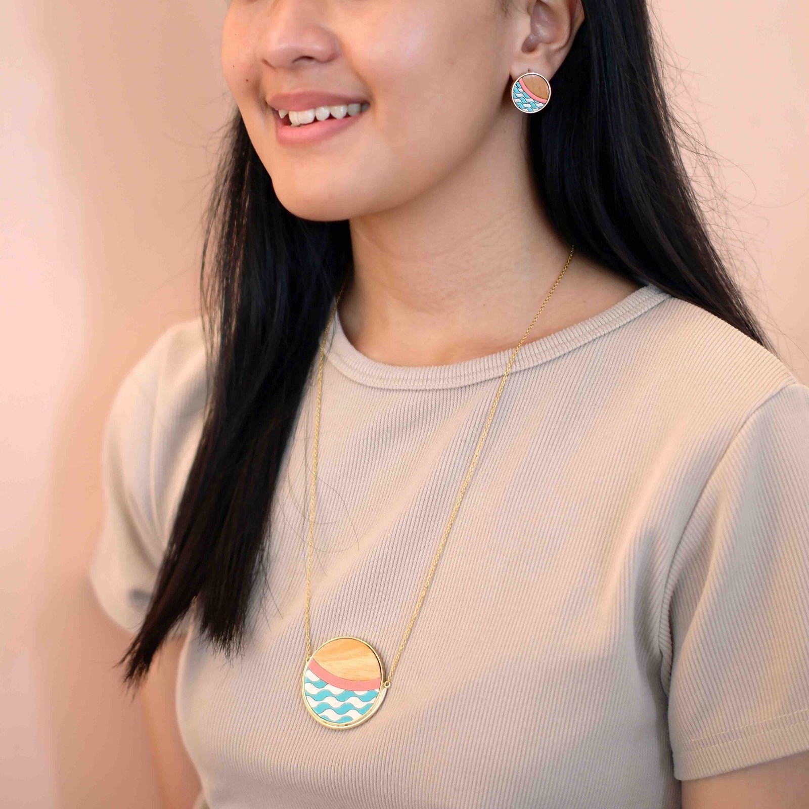 Island Recycled Wood Gold Earrings - Image 4