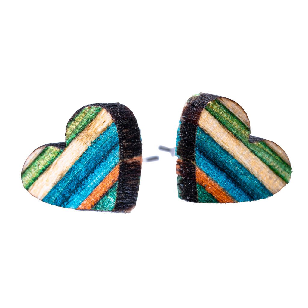 Love Heart Recycled Skateboard Wooden Stud Earrings by Paguro Upcycle