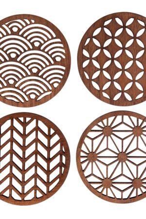 Japanese Patterns Upcycled Teak Wood Coasters - Individual / Set of 4