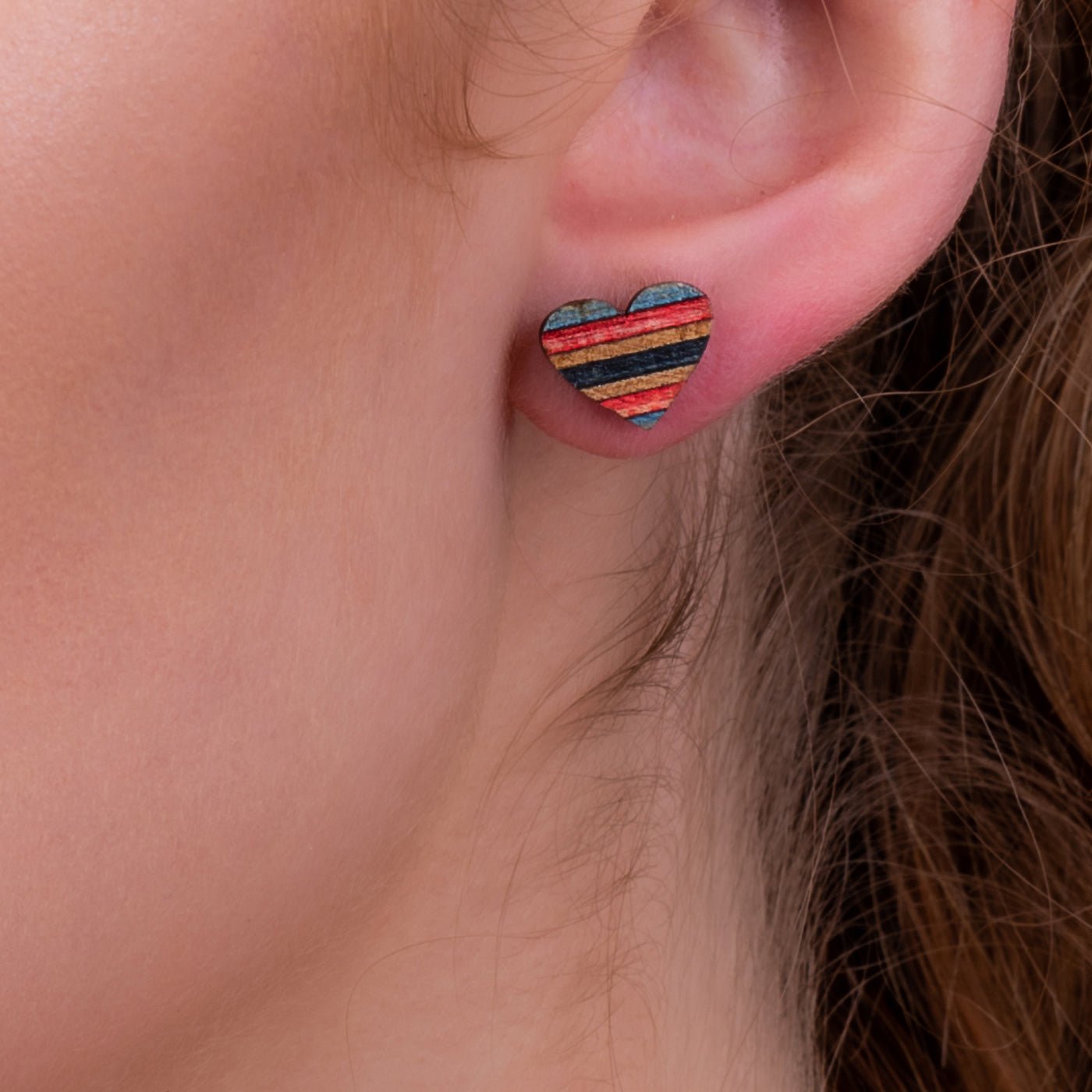 Love Heart Recycled Skateboard Wooden Stud Earrings by Paguro Upcycle