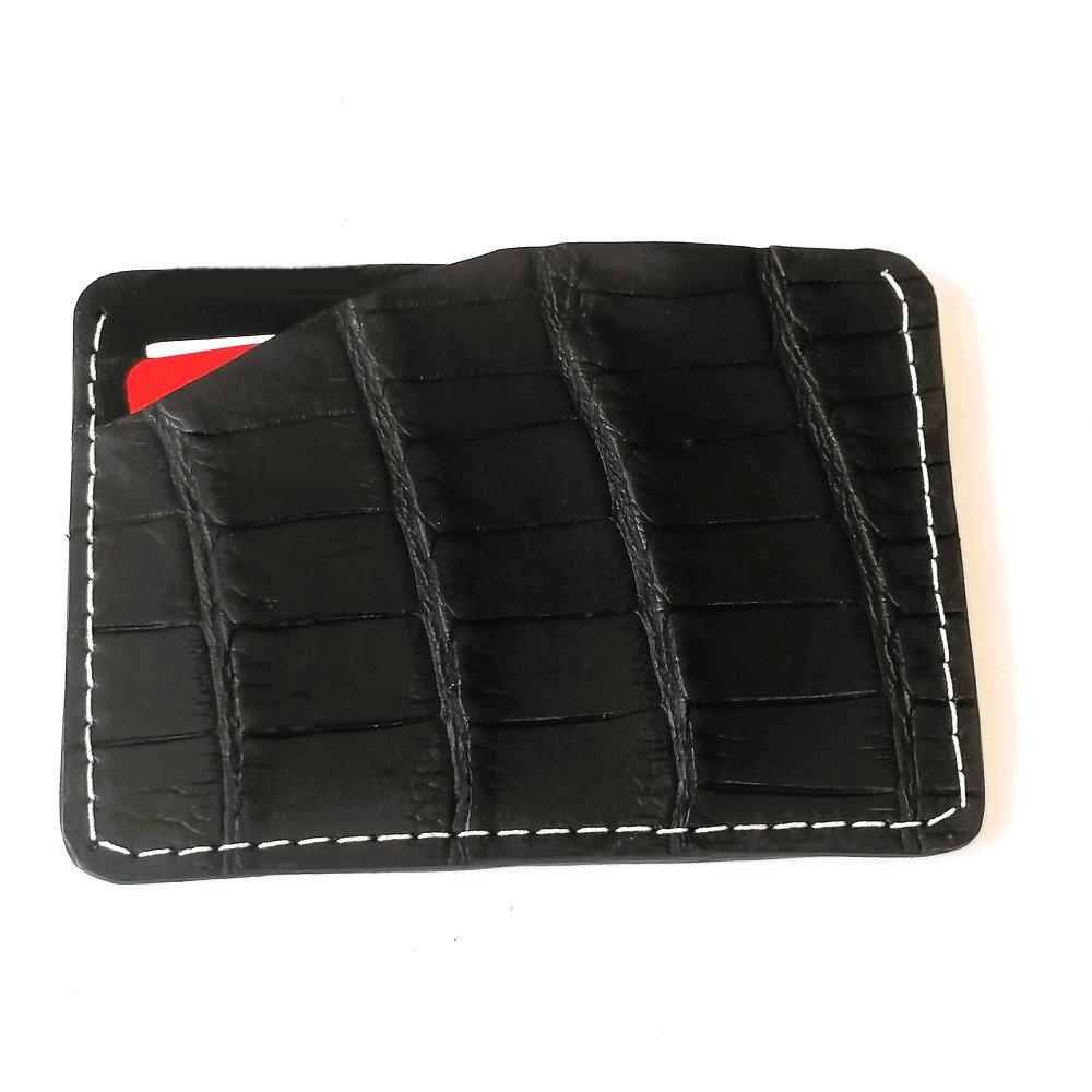Tarjetero de Cocodrilo y Napa de cordero CARD 203, color Negro. Porta-tarjetas de 2 ranuras, con bolsillo intermedio.