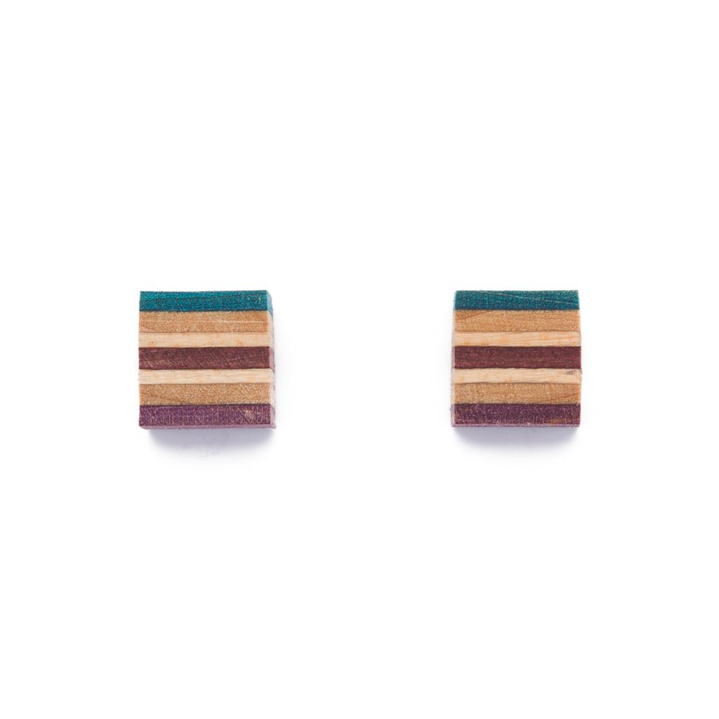 Square Recycled Skateboard Wood Studs Earrings by Paguro Upcycle