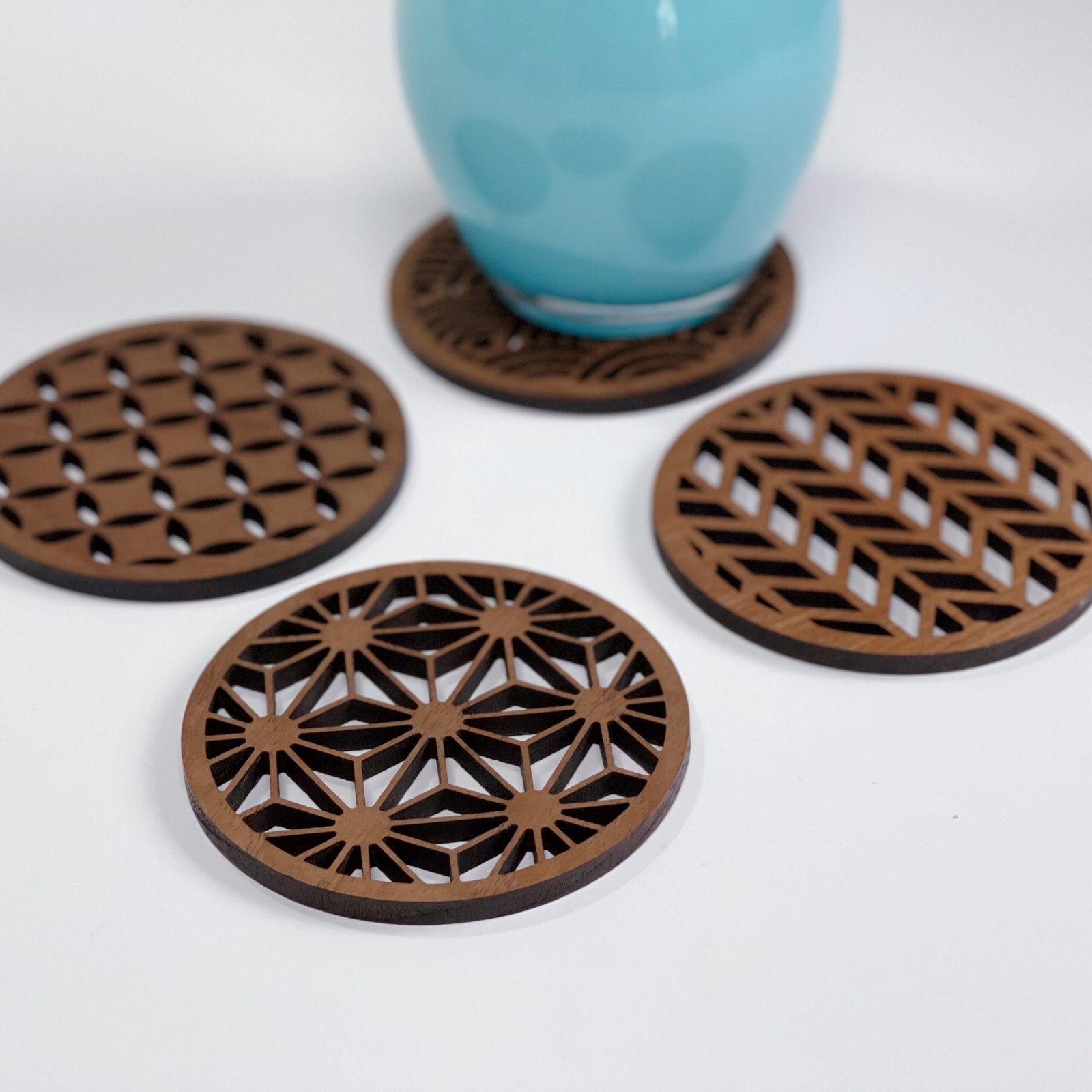 Japanese Patterns Upcycled Teak Wood Coasters - Individual / Set of 4 - Image 8