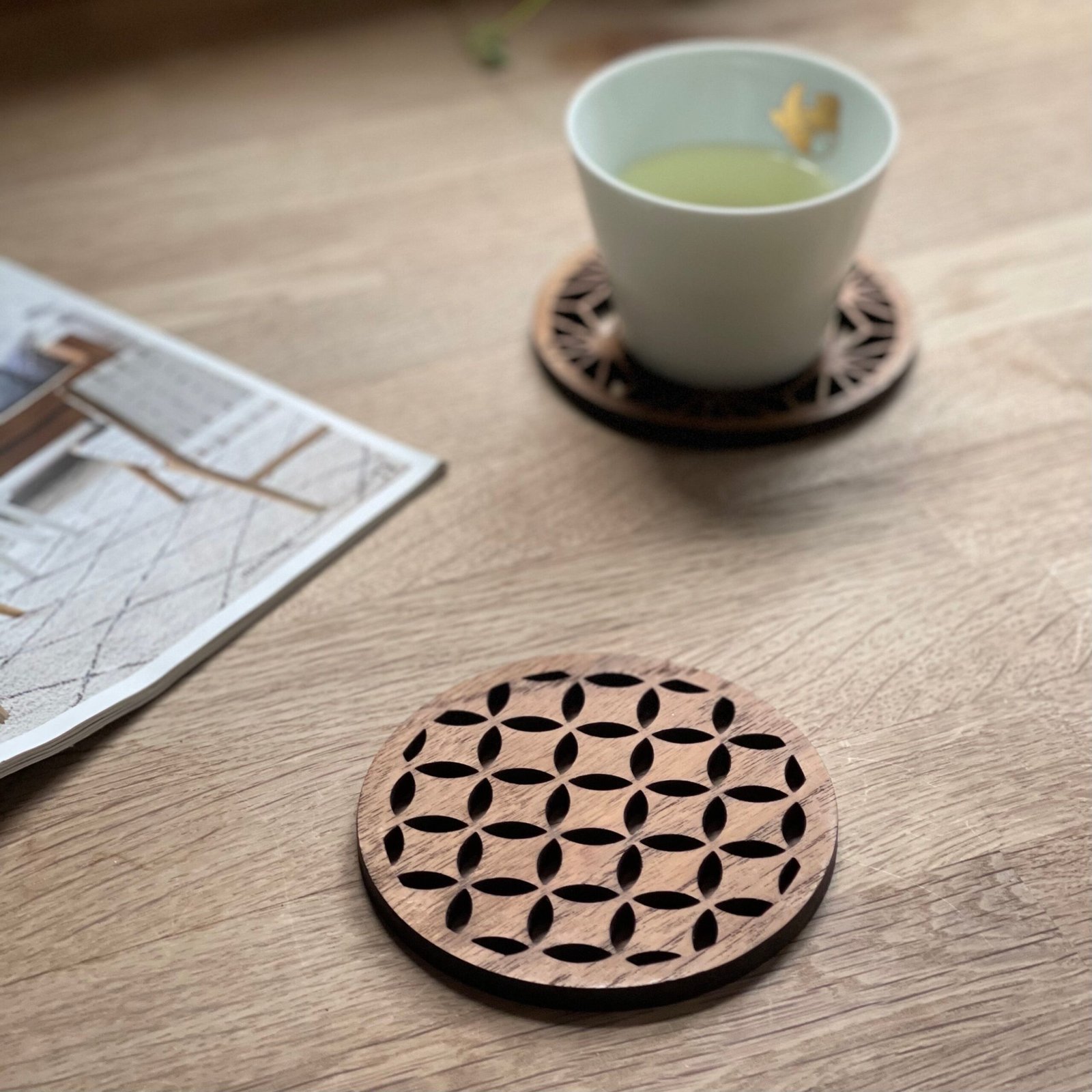 Japanese Patterns Upcycled Teak Wood Coasters - Individual / Set of 4 - Image 3