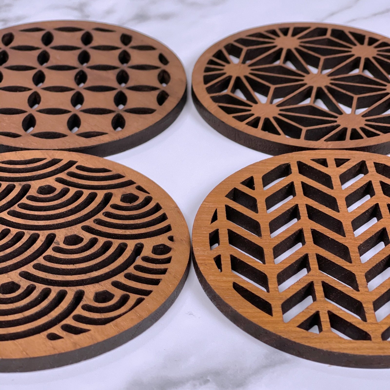 Japanese Patterns Upcycled Teak Wood Coasters - Individual / Set of 4 - Image 6