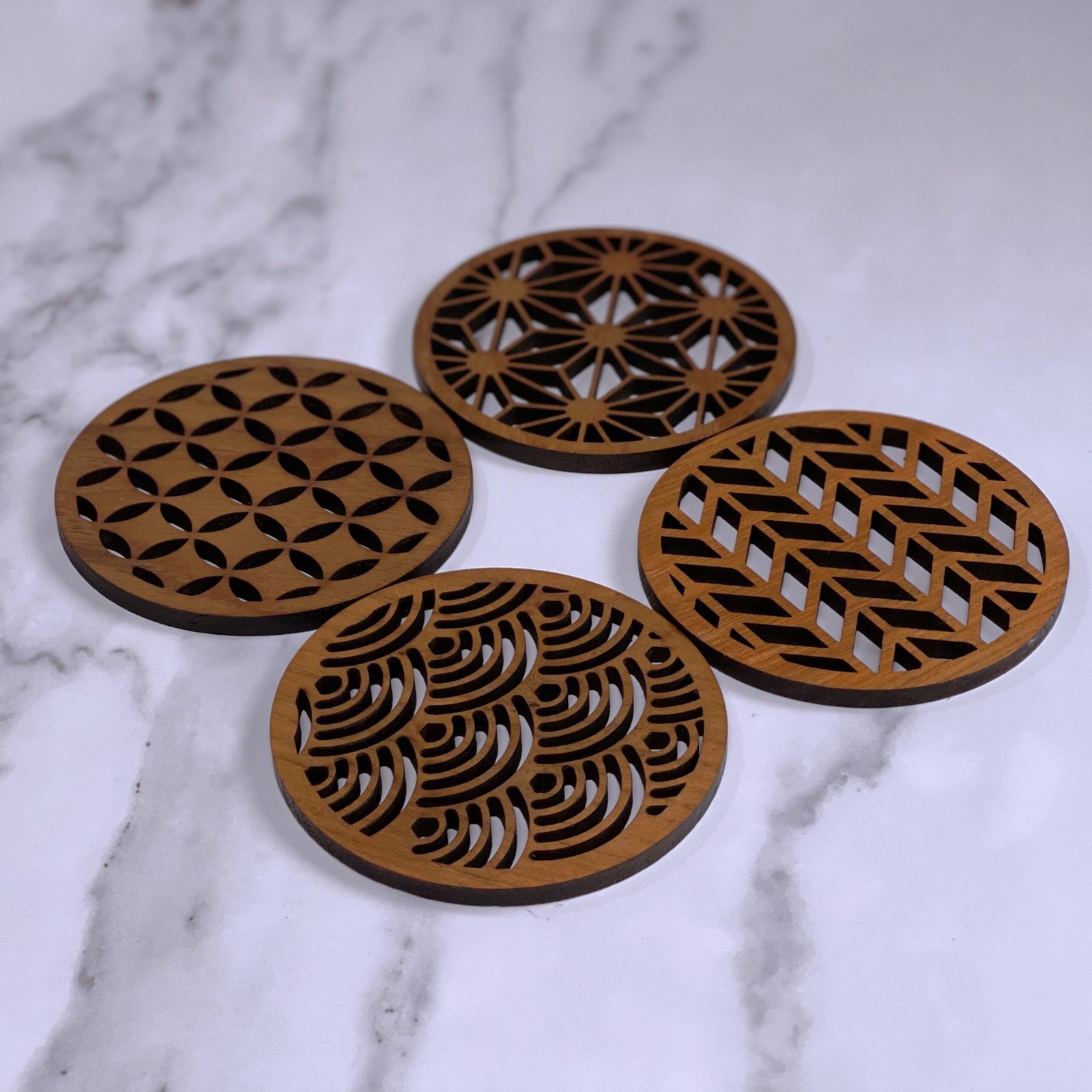 Japanese Patterns Upcycled Teak Wood Coasters - Individual / Set of 4 - Image 7