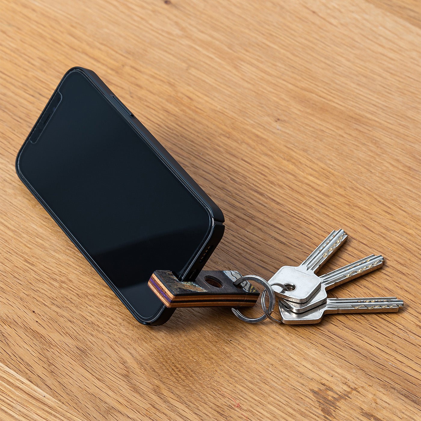 Upcycled Skateboard Mobile & Earphone Holder Keyring - Image 2