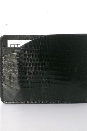 Tarjetero de Cuero exótico y Napa de cordero CARD 102, color Negro. Porta-tarjetas de 2 ranuras, con bolsillo intermedio.