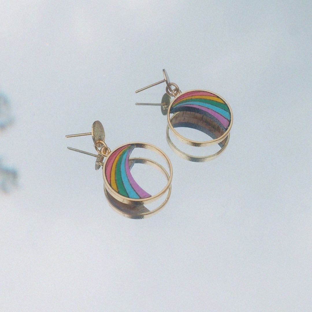 Rainbow Eco-friendly Recycled Wood Gold Earrings - Image 3
