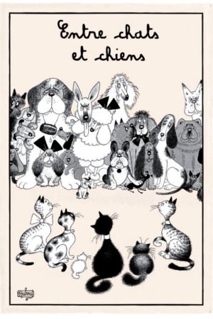 Tea Towel Dubout Entre chats et chiens Écru 48 X 72