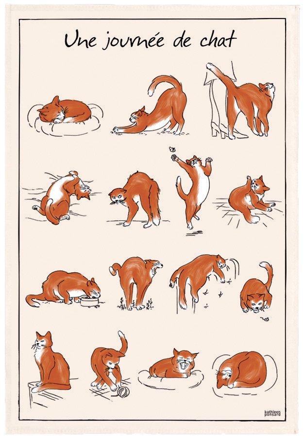 Printed tea towel Journée de chat Écru 48 X 72