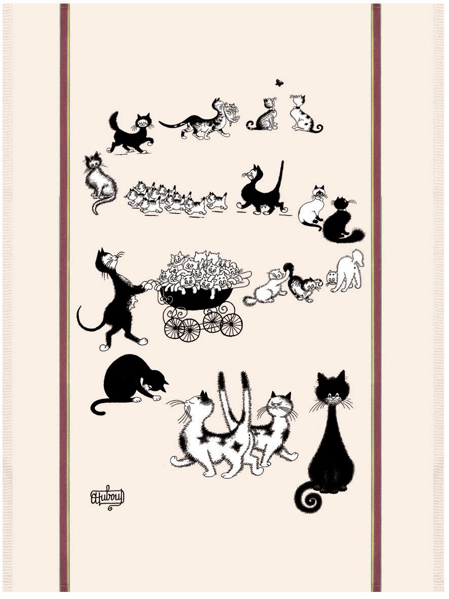 Large tea towel Dubout Multi-chats Écru 60 X 80