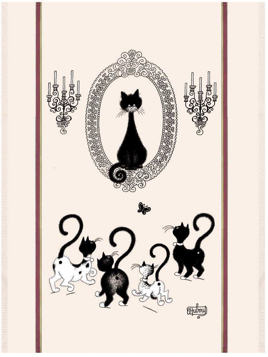 Large tea towel Dubout Portrait de chat Écru 60 X 80