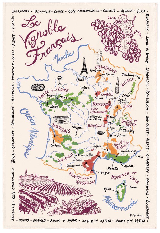 Tea Towel La Carte Des Vins de France Écru 72 X 48