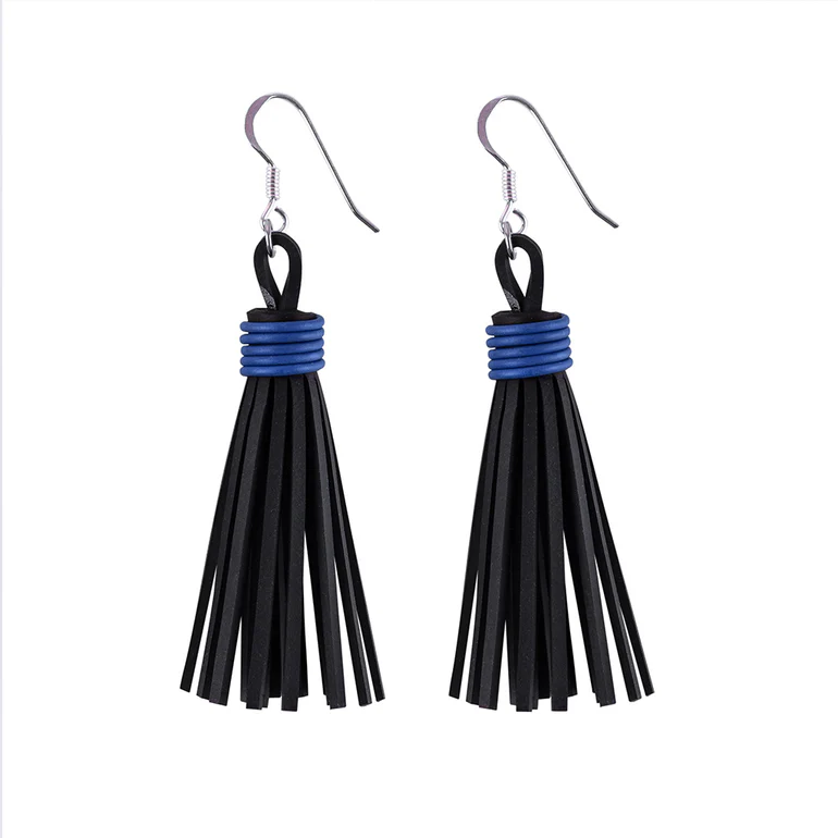 Asante Recycled Rubber Tassel Earrings - Image 4