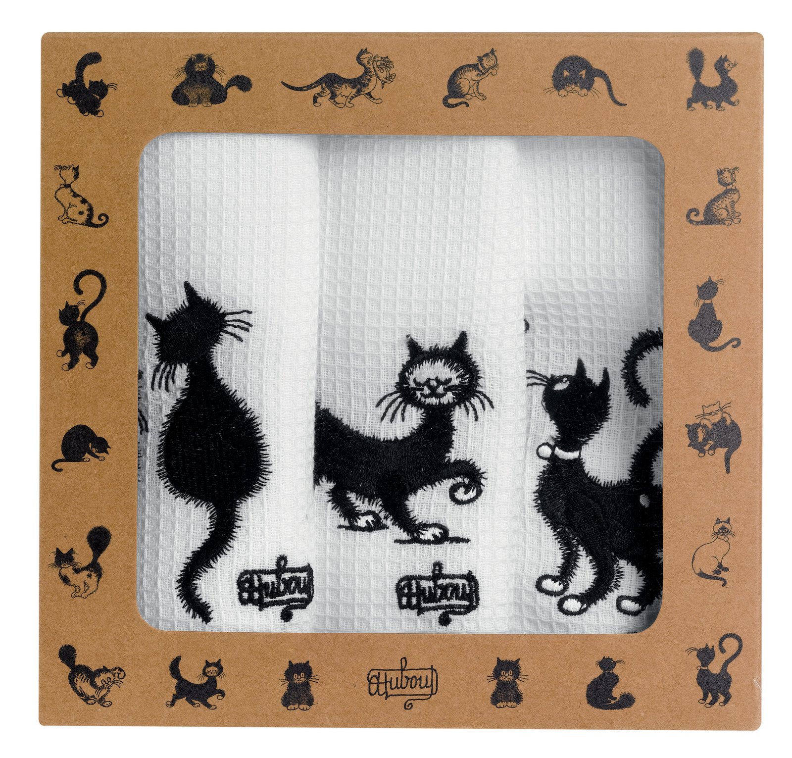 Set of 3 embroidered tea towels Dubout Les chats Blanc 40 X 60