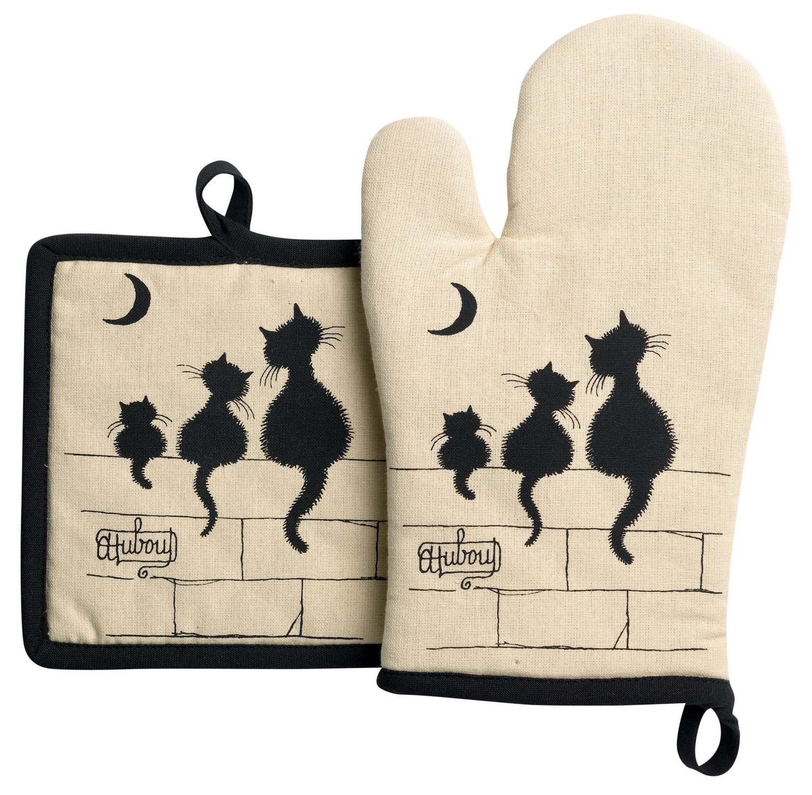 Dubout 3 chats Oven Mitt and Pot Holder Beige 18 X 28
