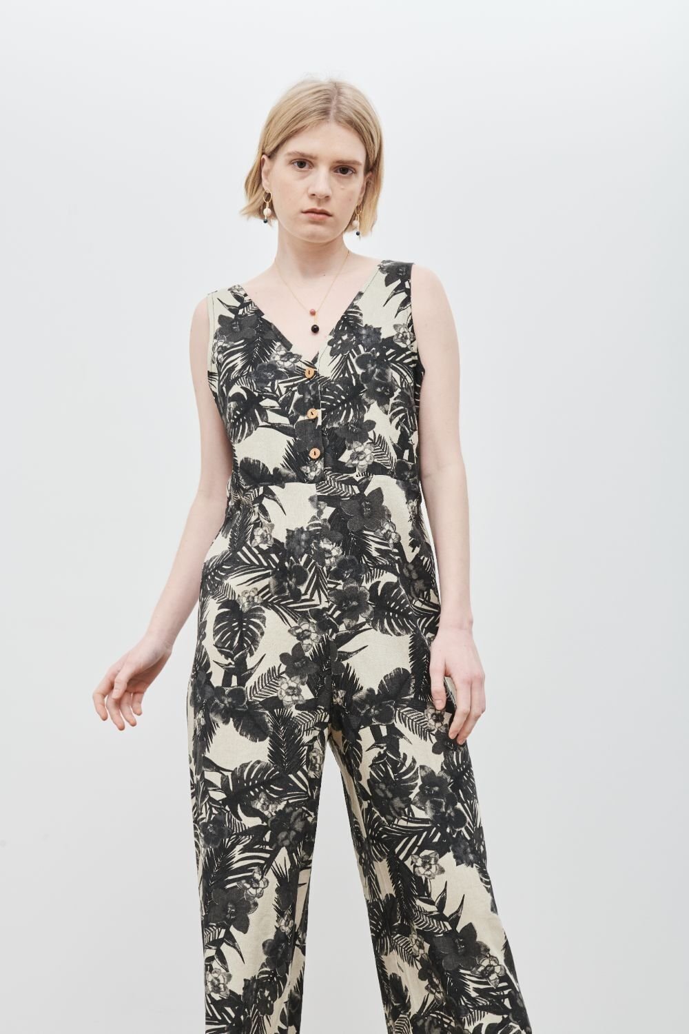 Mariana Gray Raw Print Palm Trees Jumpsuit
