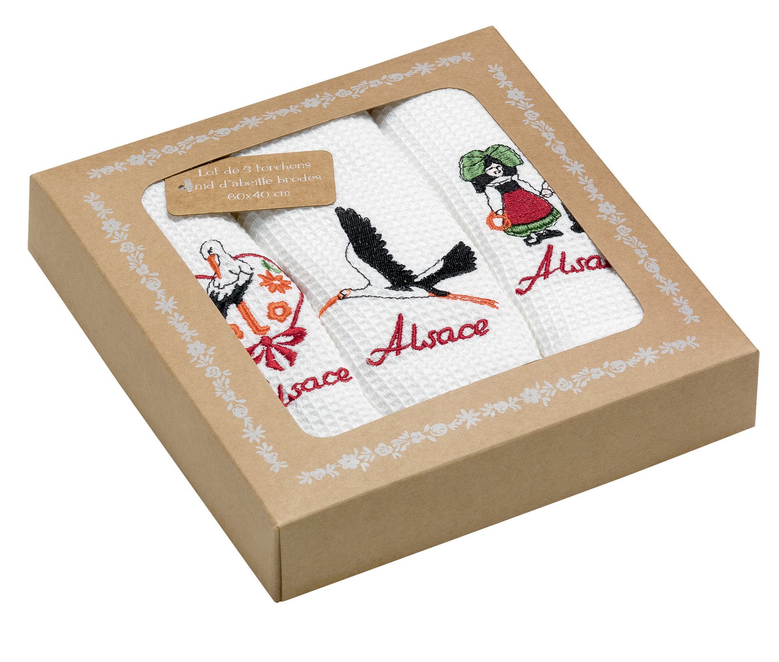 Set of 3 honeycomb tea towels Broderie Alsace Blanc 40 X 60