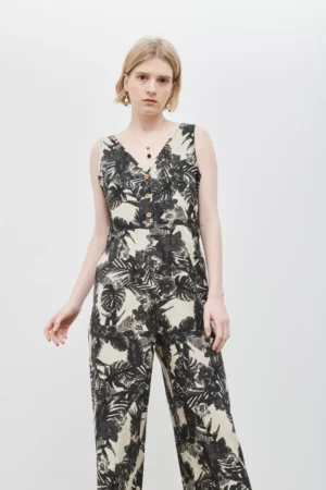 Mariana Gray Raw Print Palm Trees Jumpsuit