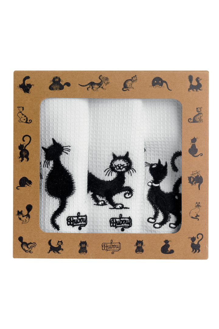 Set of 3 embroidered tea towels Dubout Les chats Blanc 40 X 60