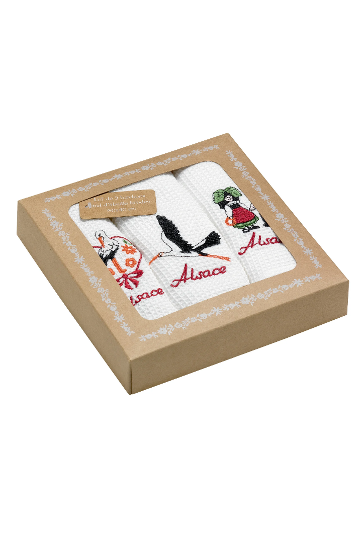 Set of 3 honeycomb tea towels Broderie Alsace Blanc 40 X 60