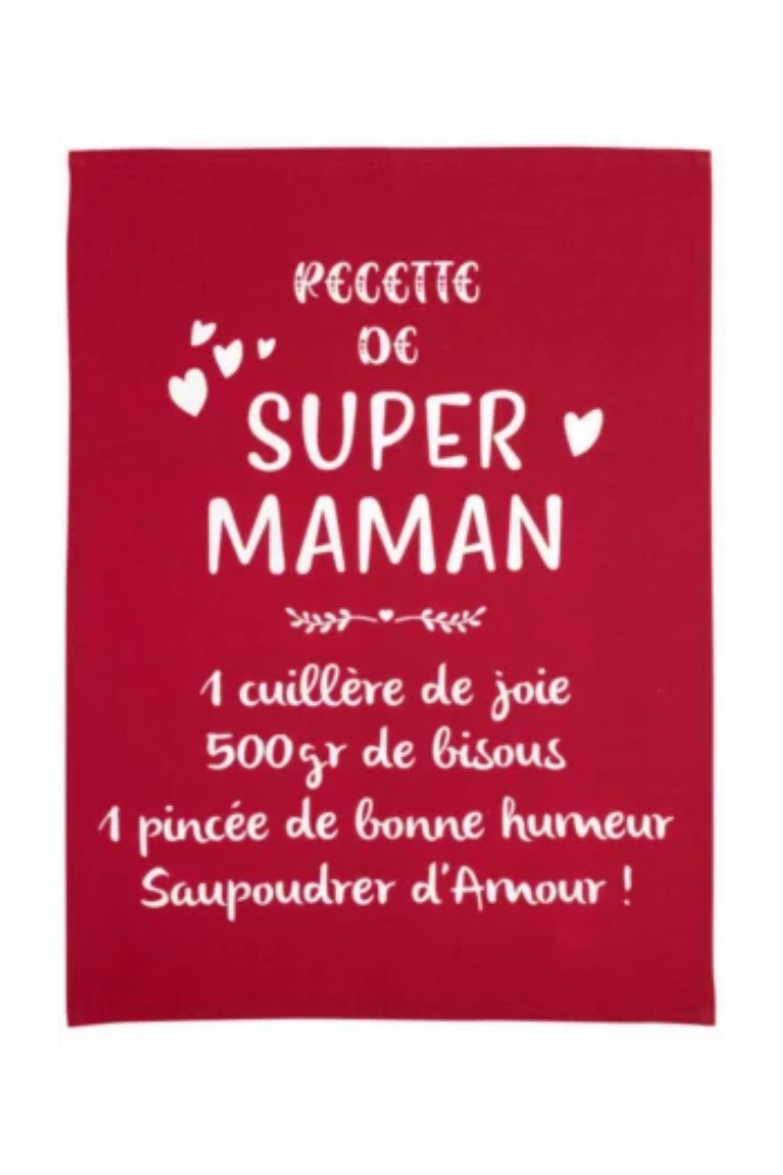 Tea Towel Message Super Maman Rouge 50 X 70