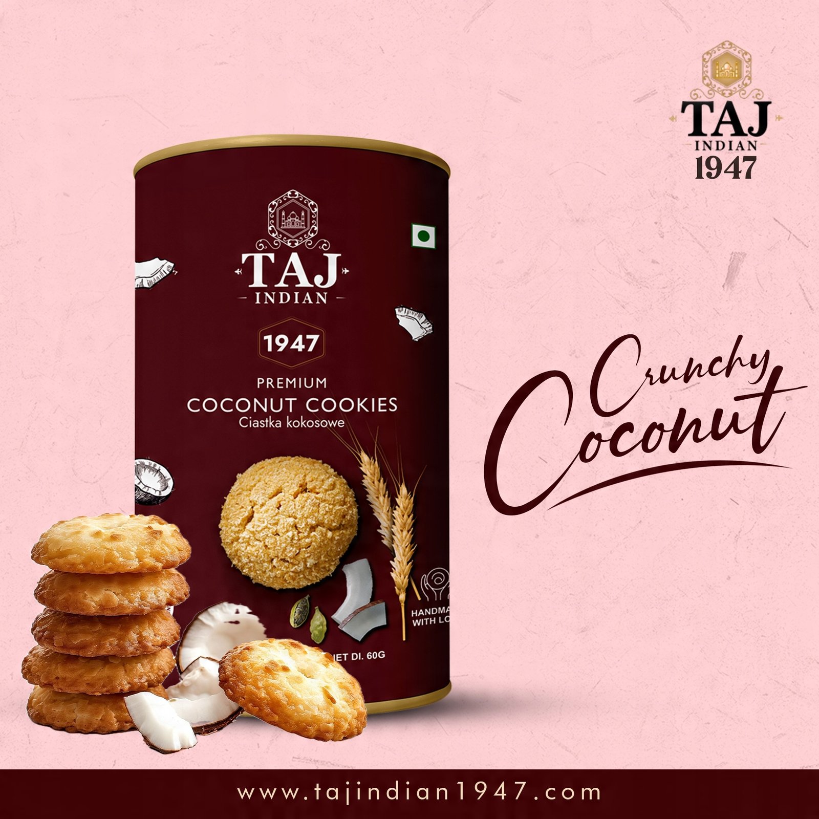 Taj Indian 1947 Coconut Cookies 60G x 48 Pieces - Image 2