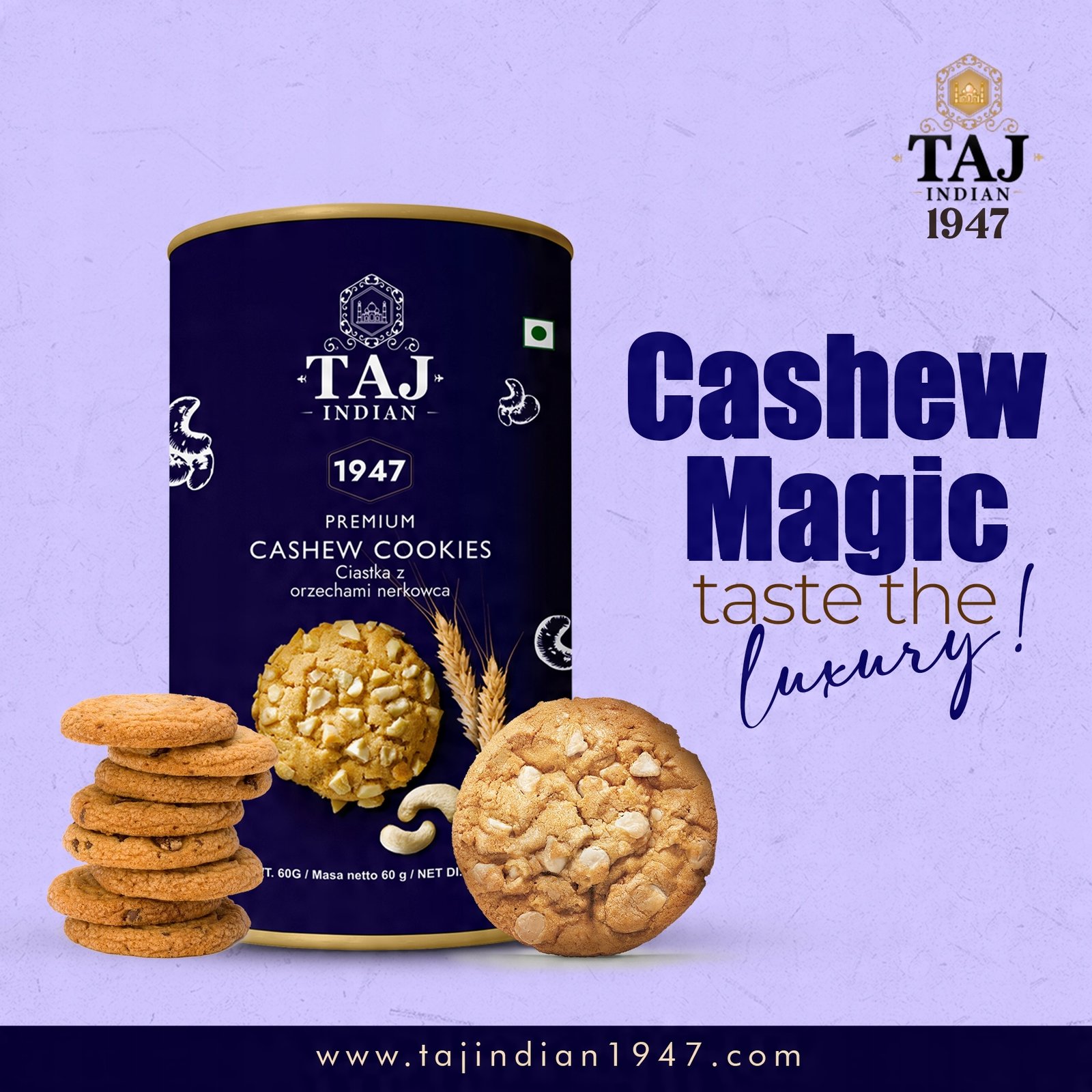 Taj Indian 1947 Cashew Cookies 60G x 48 Pieces - Image 2