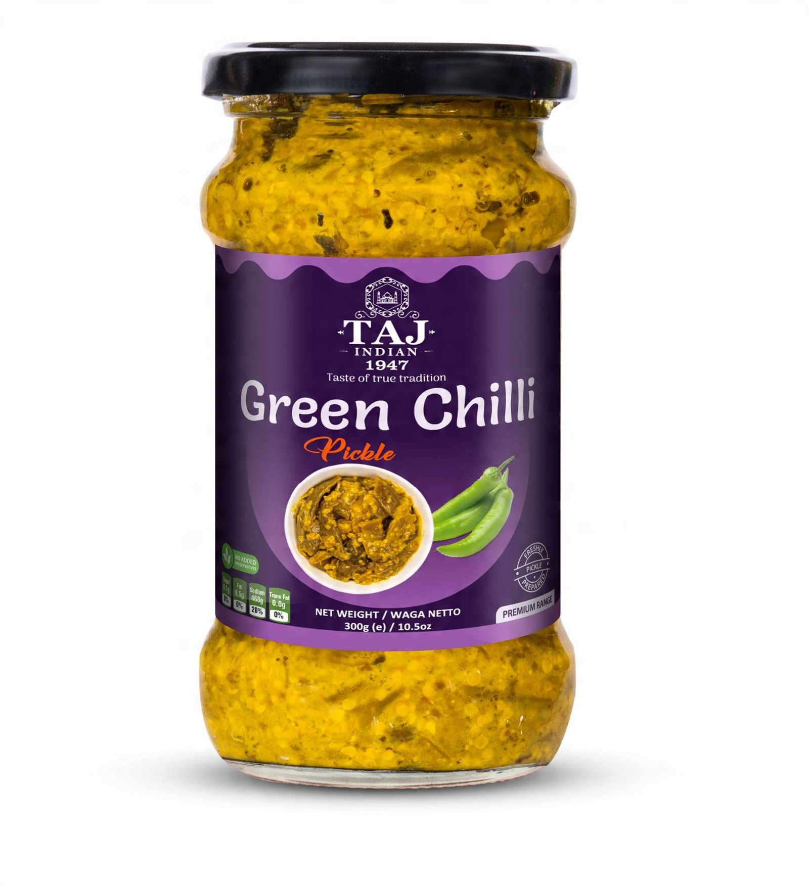 Taj Indian 1947 Green Chilli Pickle 300G x 12Pieces
