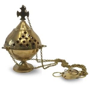 Brass Hanging Incense Holder with Cross (15cm)