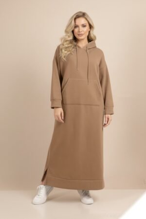 Long hooded dress with front pocket