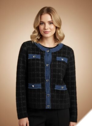 Soft fur jacket with heart-shaped buttons and denim details