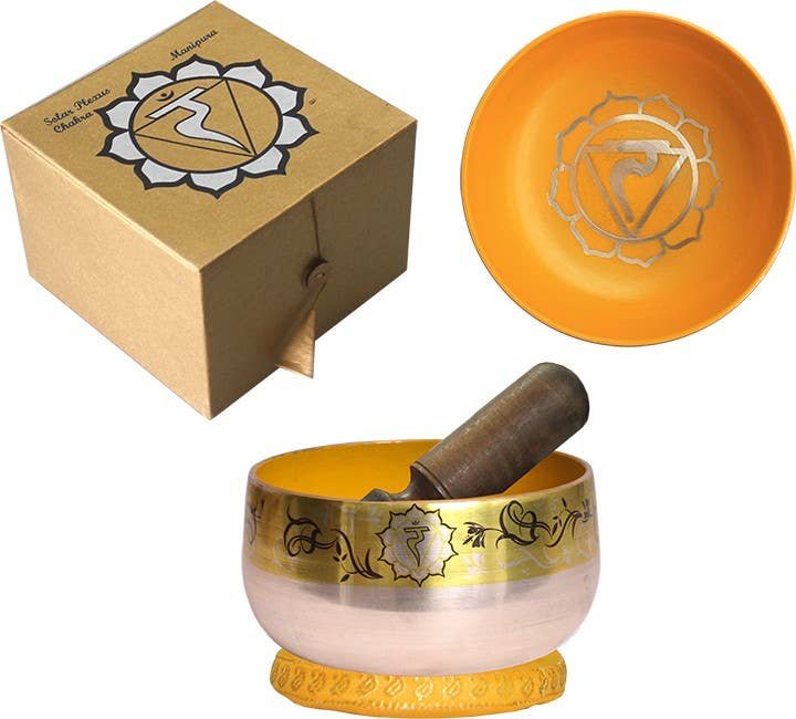 New Chakra Singing Bowl Silver Brass-Yellow W/box, Ring & St