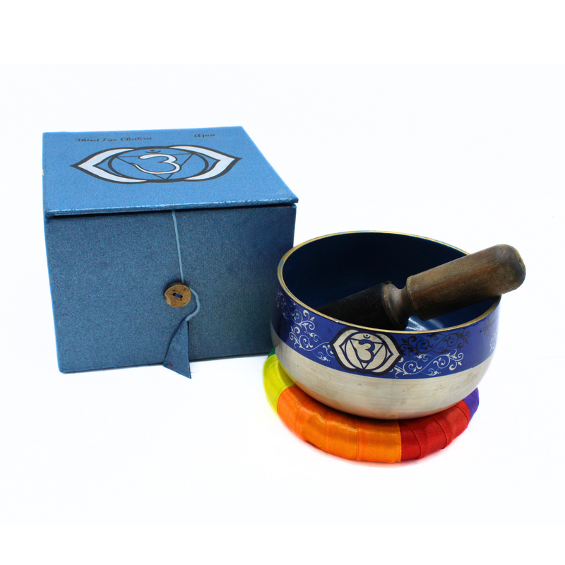 Third Eye Chakra Singing Bowl silver brass - Cobalt blue