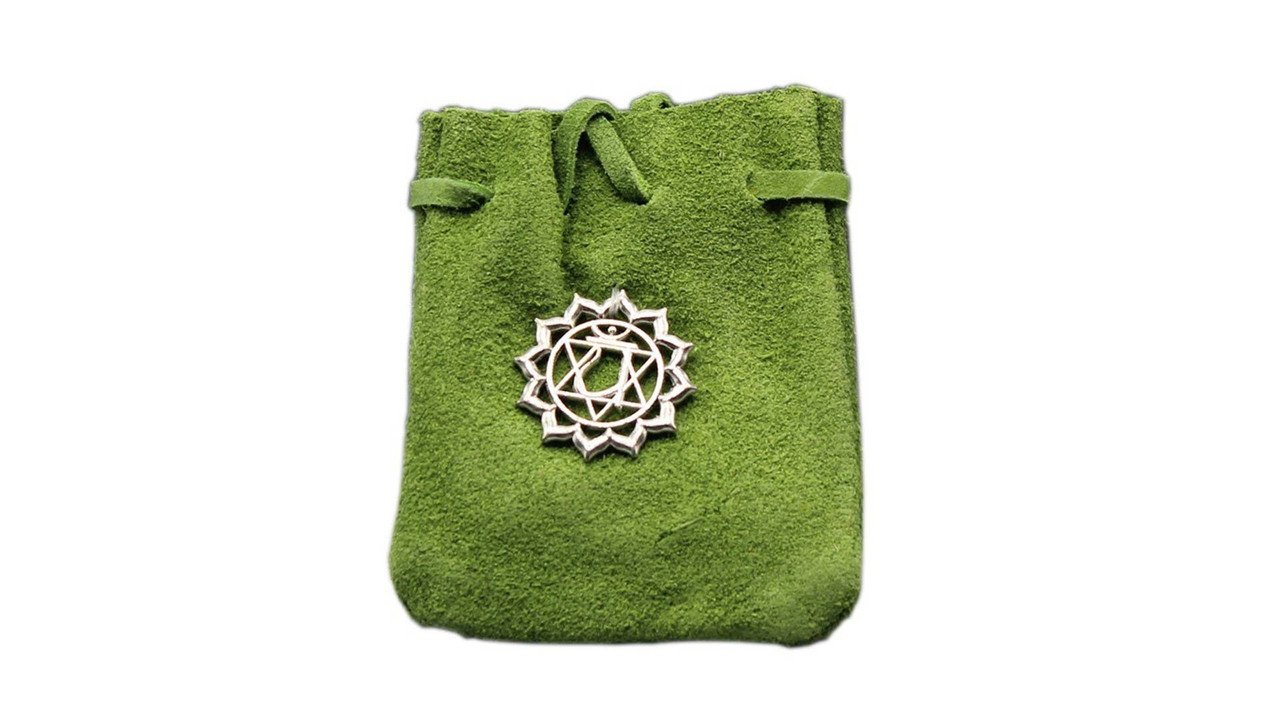 Suede Pouch-Green with Chakra Symbol 3.25x2.75"