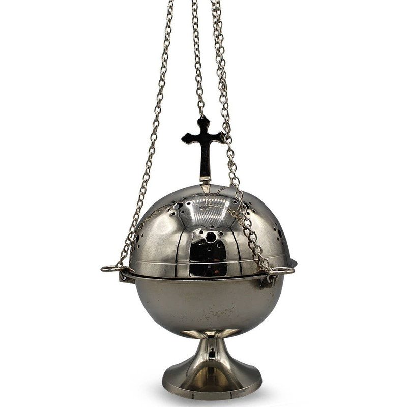 Nickel Hanging Incense Burner with Cross (18cm)