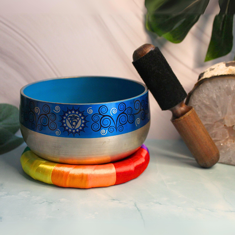 Throat Chakra Singing Bowl Silver Brass - Light Blue - Image 5