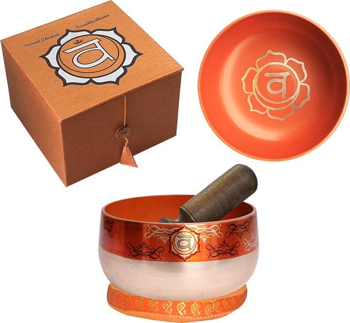 New Chakra Singing Bowl Silver Brass-Orange W/box, Ring & St