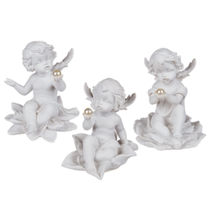 Sitting polyresin angel with pearl on flower,