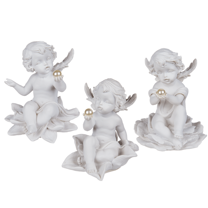 Sitting polyresin angel with pearl on flower,