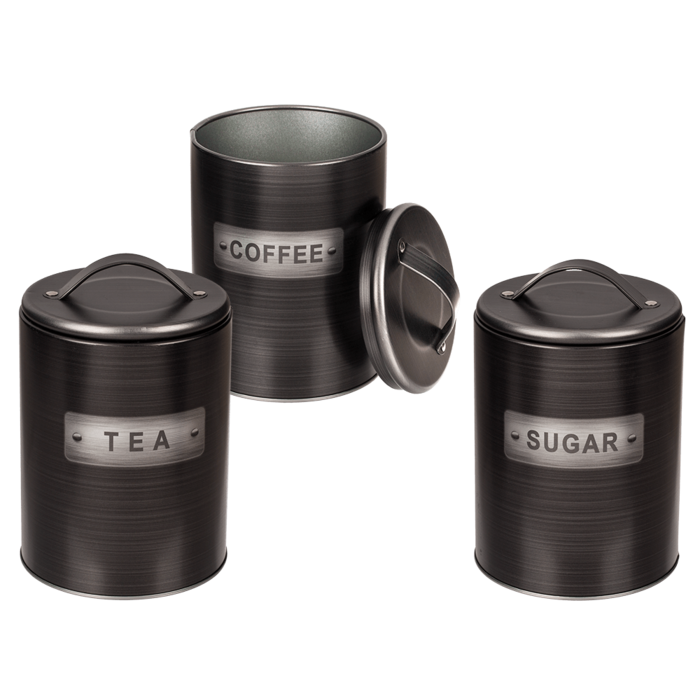 Black, round metal tin,