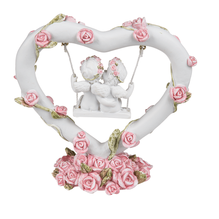Polyresin angel couple in heart swing with pink, - Image 4