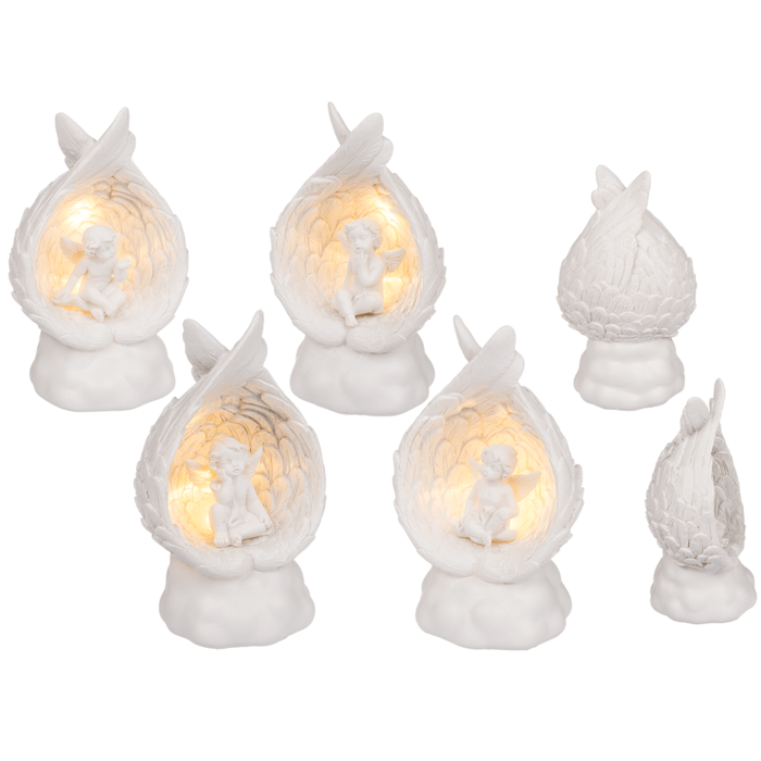 Sitting polyresin angel in wings with warmwhite,